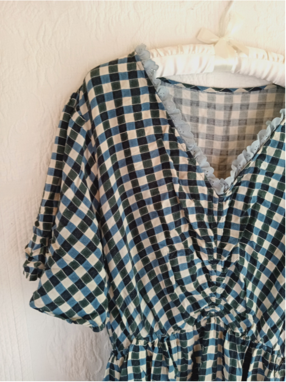 Gingham Check Dress Blue Green plaid cottagecore prairie Western ruffled tiered - Picture 2 of 12